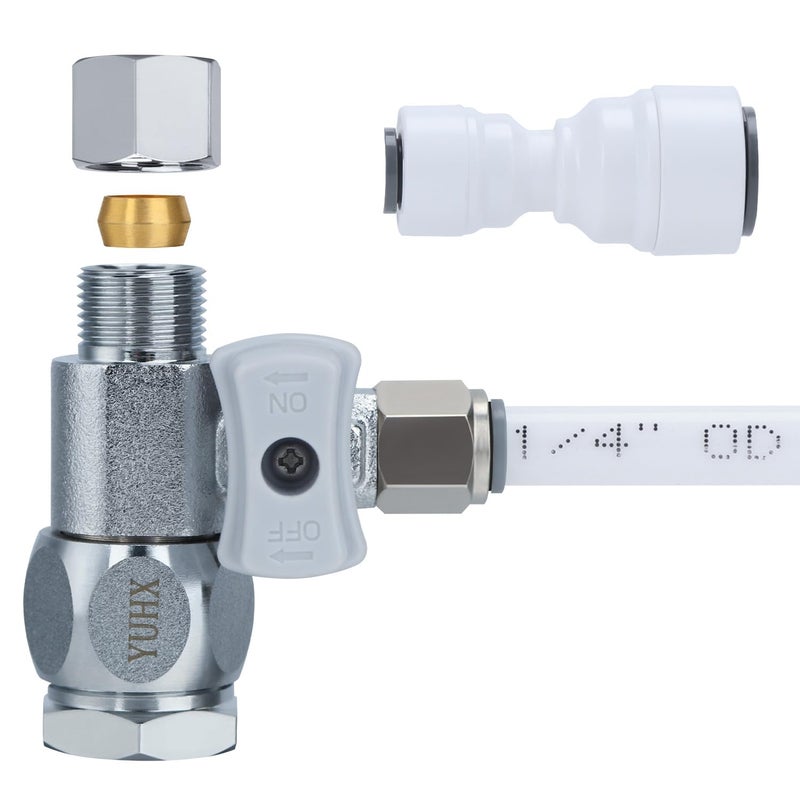 YUHX Feed Water Adapter 3/8" x 1/4" or 3/8" Add-A-Tee, 1/2 x 1/4 or 3/8 Water Line splitter,1/4 Push to Connect not Fit Thread or Braided Hose - Image 1